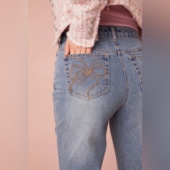 Love Shack Fancy Kala Flare Jeans High Rise Bow Detail Montauk Blue Size 25 New - Picture 3 of 15
